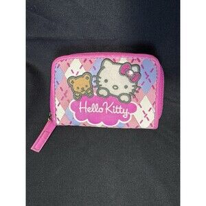 Vintage 2007 Sanrio Hello Kitty Pink Plaid Zip Wallet w/ Teddy Bear Bow Gem EUC